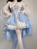 Bonnyshow French Romantic Style Lolita Op Elegant Girl Cosplay Princess Puff Sleeve Ribbon Bowknot Flower Tunic Mesh Fantastic Fairy Dress