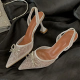 Bonnyshow  Butterfly-kont CRYSTAL Breathable Mesh Women Pumps Elegant Slingbacks Pointed Toe High Heels Banquet Party Shoes