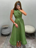 Bonnyshow  Casual Solid Cotton Women's Dress Summer O-neck Sleeveless Ankle Length Dresses Elegant Classic High Waist Female Robe 2025