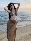Bonnyshow  Fashion Women's Summer Brown V Neck Backless Halter Bandage Vest Tops And High Waisted Irregular Long Half Skirt Two Piece Sets