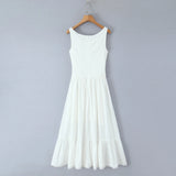 Bonnyshow  Bohemian Style Bow O Neck White Midi Dress Women Front Lace Up Bandage Sleeveless Casual Summer Dresses Holiday Robe