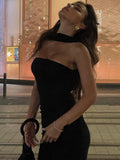 Bonnyshow  Sexy Halter Backless Dress Women Summer Elegant Strapless Sleeveless Double-Deck Pleated Midnight Club Party Bodycon