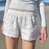 Bonnyshow White Lace Edging Shorts Women Elegant Solid Beach Bikini Cover Up Shorts Summer Fashion High Waist Holiday Mini Shorts 2024