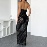 Bonnyshow  See Through Dress for Women Hollow Out Off Shoulder Casual Dresses Spring Summer 2025 New Female Fashion Spaghetti Strap Dress