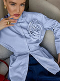 Bonnyshow Women Fashion Autumn Casual Striped Blue Flower Slim Fit Long Sleeved Shirt Office Lady Commuting Versatile Chic Shirt