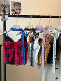 Bonnyshow  Summer Sweet Spice Girl Lace Outerwear Crop Top American Style Fake Two-piece Plaid Contrasting Color Sling Vest Women's