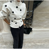 Bonnyshow  Loose Polka Dot Zipper Women's Jackets Slim Stand Collar Full Sleeve Pockets Jacket Female 2025 Autumn Fashion Lady Streetwears