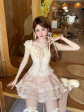 Bonnyshow  Summer Sweet Girls Two Piece Skirt Sets Lace Splicing Puff Sleeve Slim Shirt Tops + High Waist A Line Mini Skirt Outfits