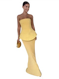 Bonnyshow  Yellow Fashion Tube Top Long Skirts Sets Women Sleeveless Backless Zipper Tops High Waist Pleated Skirt 2025 Spring Lady Outfits