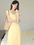 Bonnyshow  Summer Women's Korean Graceful Square Collar Slim Dress Lady Fashion Joker Solid Long Short Sleeve Dresses 2025 New Clothing
