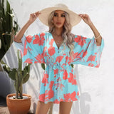 Bonnyshow V-neck Leaf Print Five Quarter Sleeve Lace Up Dress for Summer New Fashionable Women