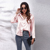 Bonnyshow  Women Spring Autumn Style Satin Blouses Shirts Lady Casual Long Sleeve Turn-down Collar Solid Color Blusas Tops