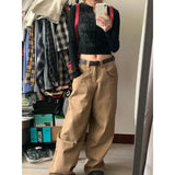 Bonnyshow Y2k Vintage Brown Woman's Cargo Jeans Oversize Japanese 2000s Style Spring Trousers Harajuku Korean Wide Denim Pants