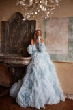 Bonnyshow Dreamlike Light Blue Bloom Wedding Dresses With Delicate Handmade Flower Ruffles Long Colored Bridal Dress Lace Up Back