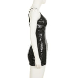 Bonnyshow  Elegant Sequin V-neck Evening Party Dress Women Spaghetti Strap Sleeveless Mini Dress Fashion Vintage Y2K Clubwear