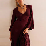 Bonnyshow  Women Lace Embroidery Crochet Hooks Long Dresses Sexy V Neck Hollow A-Line Party Dress Spring Autumn Flare Sleeve Tie-up Vestido