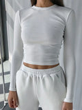 Bonnyshow O Neck Long Sleeve Shirt Women Ribbed Sexy Cropped Tops Spring Black Casual Skinny Slim Basic Woman T Shirts White