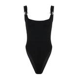 Bonnyshow  Simple Solid Skinny Metal Halter Bodysuits Sexy Summer Ruched Hottie Fashion Backless Rompers