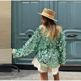 Bonnyshow  Retro Large Sequins Lace Up Shirt Women Fashion Glitter Loose Solid V-neck Open Shirts Coat Female 2025 Chic Street Outwear