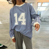 Bonnyshow  Casual Striped Patchwork Tops Women Loose O-neck Number Print Long Sleeve Lady Shirts 2024 Autumn Fashion New Female Streetwears