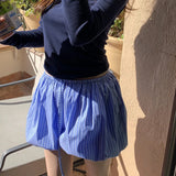 Bonnyshow  Fashion Blue Striped Lace Up Pumpkin Flower Bud Shorts Skirt Womne's Elastic High Waist Pink Hot Pants Summer New 7AB9337