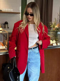 Bonnyshow Women's Red Suit Temperament Shoulder Pads Loose Casual Coat Collar Pocket Cardigan Fashion Office Ladies Suit Jacket