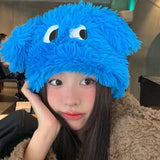 Bonnyshow Cartoon Fluffy Beanie Cap for Women Cute Puppy Ears Plush Hat Korean Solid Color Warm Faux Fur Female Girls Pullover Caps
