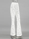 Bonnyshow Sexy Perspective White Flare Pants Summer Women Vacation High Waist Long Trousers Lace Beach Style Female Pants