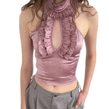 Bonnyshow American private wear celebrity lace hollow sleeveless stand-up collar short tops undershirt women's versatile new