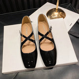 Bonnyshow  Cross Buckle Strap Flats Shoes for Women PU Leather Shiny Elegant Red Mary Janes Shoes Spring Autumn Square Toe Loafers Ladies