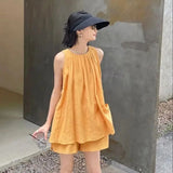 Bonnyshow  Two-Piece Solid Cotton And Linen Suit Women'S Folding Sleeveless Vest Top Women'S Summer New  Thin Loose Shorts