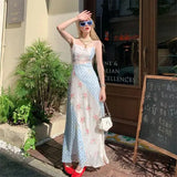 Bonnyshow  Summer Women Long Dress Sleeveless Patchwork Floral Gingham Spaghetti Strap Elegant Slim Maxi Dress Casual Vacation Beachwear