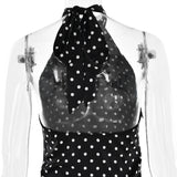 Bonnyshow  Retro Polka Dot Printed Halter Mini Dress Sexy Women Backless Off Shoulder Sleeveless A Line Vestidos Summer Lady Beach Wear