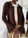 Bonnyshow  Solid Thin Short Cardigan Sweater Women Peter Pan Collar Button-up Long Sleeve Jumper Autumn Casual Simple Slim Knit Outerwear