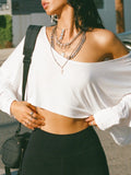 Bonnyshow  Casual Off Shoulder Skew Collar Women's Top Solid Basic 90s Y2k Chic Knitted Crop Shirt Fashion Streetwear Tees