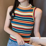 Bonnyshow  Knit Short Vest With Rainbow Stripes On The Shoulder Women Sleeveless T Shirts Off Shoulder Striped O Neck Tank Top