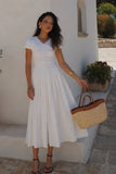 Bonnyshow  Solid Pleated Short Sleeve Women Dress Minimalist Waist Loose Skirt 2025 Summer Casual Female Vestido Daily Commuting Lady Robe