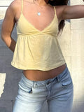 Bonnyshow  Fashion Solid Lace Spliced Women Camisole Tops Summer V-Neck Ruched Causal Sweet Blouses