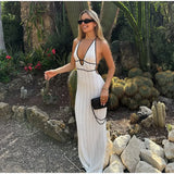 Bonnyshow  Summer Halter Knitted Long Dress Elegant Backless Sleeveless Patchwork Women Maxi Dresses Fashion Deep V Neck Beach Robes