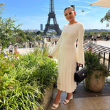 Bonnyshow Sexy Backless Midi Dress Women Elegant Long Sleeve Slim Knitted Dresses Autumn Winter Casual Round Neck Basic Dress 2024