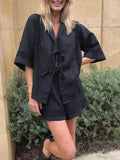 Bonnyshow  Summer Holiday 2 Piece Set Women Loose Patchwork Shorts Solid Hollow Out Bandage Shirt Sets Fashion Lady 2025 Elastic Waist Suit