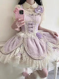 Bonnyshow  Summer New Bow Lace High Waist Slim Birthday Party Dresses Purple Pure Lust Lolita Jsk Cute Sweet Fluffy Princess Dress