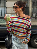 Bonnyshow  Y2k  Sweater Vintage Rainbow Striped Pullover Slanted Collar Fashion Knitted Jumper Long Sleeve Early Autumn Female Knitwear