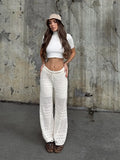 Bonnyshow  Summer Sexy White Knitted Hollow Out Long Wide Pants Retro Lace Up High Waist Slim Fit Loose Trousers Lady Commute Streetwear