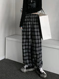 Bonnyshow Oversize Women Sweatpants Summer Fashion Black Plaid Casual Pants Elastic Waist Casual Pockets Student Trousers