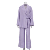 Bonnyshow  Stripe Lace Up Women's Pant Set V-neck Full Sleeve Shirts High Waist Patchwork Wide Leg Pants Lady Suit Autumn Street Outfits