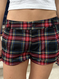 Bonnyshow  Vintage Red Black Plaid Button Shorts Women Summer Cotton Casual Loose Elastic High Waist Short Pants Sweet Chic Sweatshort Y2K