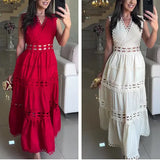 Bonnyshow  Lace Women's V Neck Patchwork Party Dress Sexy Hollow Out Sleeveless Pleated Holiday Dress Elegant Embroidery Solid Long Dresses