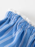 Bonnyshow  Blue Striped Casual Shorts Women Summer Flower Elastic Mid Waist Short Pants Streetwear Fashion Simple Mini Shorts 2025 New