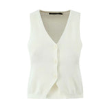 Bonnyshow  Casual Knitted Solid V-neck Vest Women Versatile Sleeveless Single Breasted Vest Cardigan Female Fashion Simple Basic Knitwear